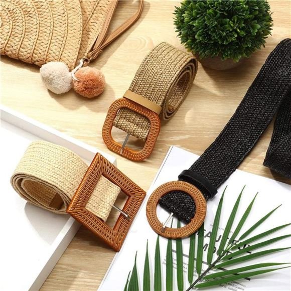 3 Pieces Straw Woven Elastic Waist Belt for Women Bohemian Dress Braided Belt main image 4